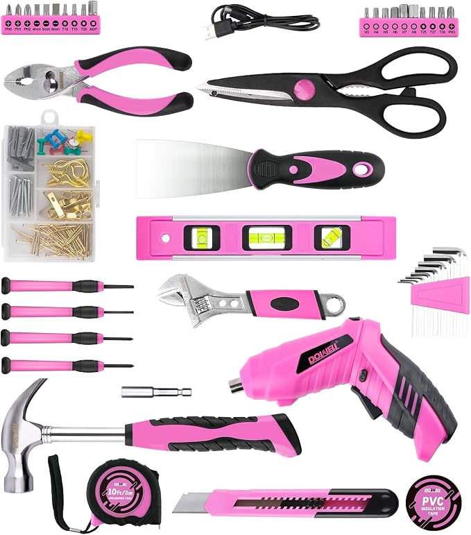 DOWELL Pink Tool Set with 3.6V Cordless Screwdriver Tool Kit, 143 Pcs | for Women, Homeowner Plastic Tool box Storage Case