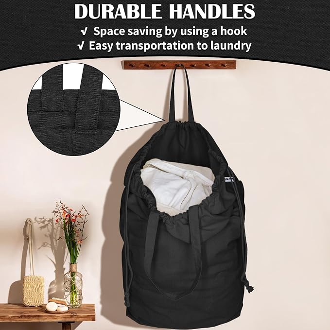 Canvas Laundry Bags with Handles & Square Base 13.8"Wx13.8"Dx27.6"H, Black | Large Heavy Duty Laundry Hamper Bag, Washable Drawstring Dirty Clothes Sack for College Dorm, Home Storage