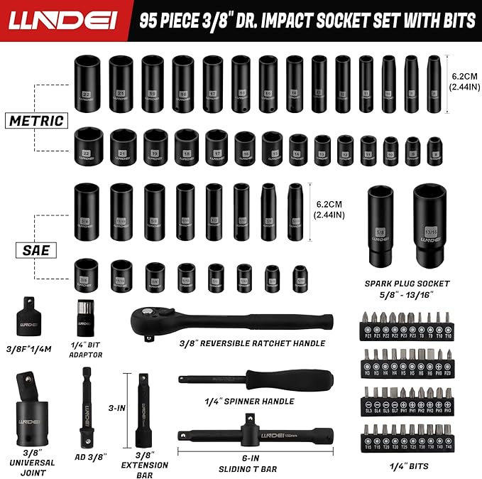 3/8" Drive Impact Socket Set 95Pcs SAE/Metric | 5/16-3/4" & 8-22mm, Deep/Shallow Kit, Adapters, Ratchet, Bits, Spark Plug Socket, 6-Point, for Auto Repair, Garage & Home DIY