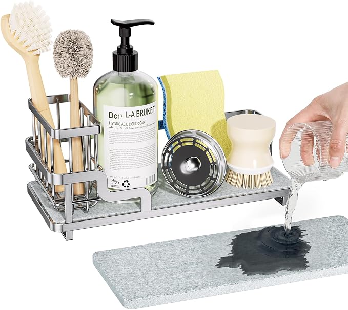 Consumest Sponge Holder for Kitchen Sink - Sink Caddy Organizer with Water Absorbing Stone Tray, Detachable Brush Holder, Stainless Steel Kitchen Counter Organizer Rack, Silver