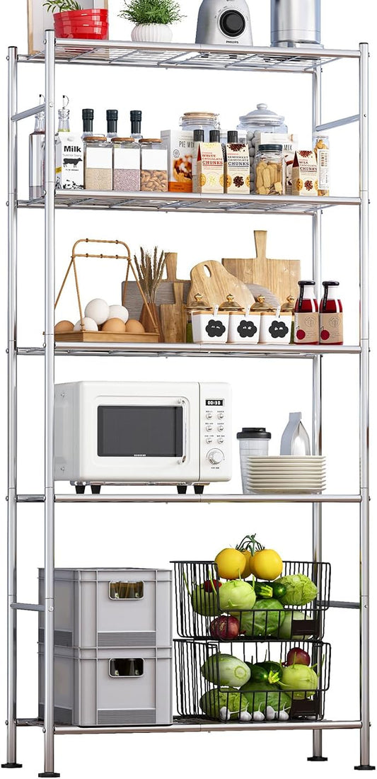 Sakugi Storage Shelves - 5 Tier Shelf Organizer, Sturdy Metal Garage Shelving with Adjustable Leveling Feet, Space-Saving Shelves Organizer for Pantry, Laundry, Kitchen (32" x 12" x 71", Silver)