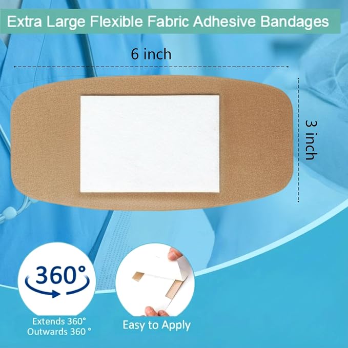 Geiserailie 24 Pcs Extra Large Flexible Adhesive Bandages 6 x 3 Inch Sterile Fabric Bandages with Non-Stick Pad Latex Free Painless Removal for Wound Care and First Aid(Rectangle)