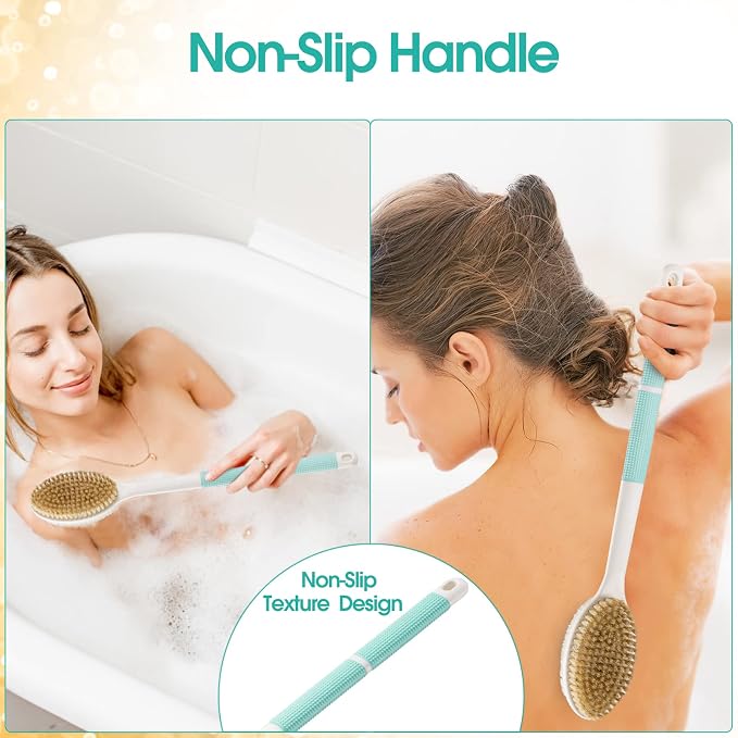 Backski Back Scrubber Anti Slip for Shower,Back Brush Long Handle with Soft and Stiff Bristles,Body Scrubber for Bath or Dry Brush(Green)