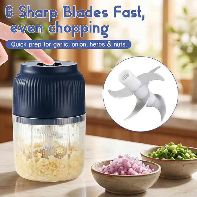 Electric Garlic Chopper, 2026 New Mini Food Processor & Food Chopper for Kitchen, Portable Cordless Garlic Mincer with 6 Stainless Steel Blades, Small Vegetable Chopper for Onion Salad (400ML White)