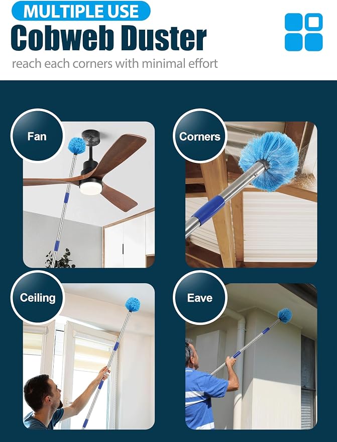 Cobweb Duster with Extension Pole, 10 ft Spider Web Brush for Outdoor House Cleaning, Cob Web Remover for High Ceilings Fans, Medium-Stiff Bristles Head, Adjustable Long Handle, Lightweight Cleaner