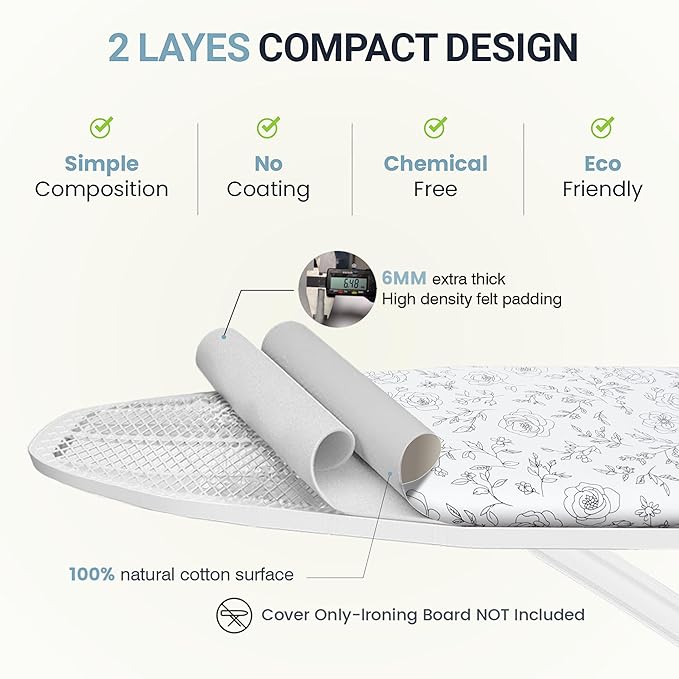 UniSimp Ironing Board Cover and Pad 15"x54" Extra Thick Natural Cotton, Scorch and Stain Resistant Padding, Standard Size Iron Board Cover with Fasteners Heavy Duty Elastic Edge, Heatproof Rose