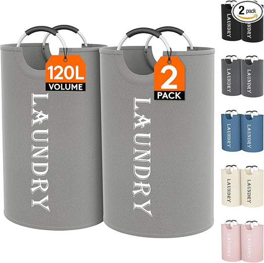 Lifewit 120L 2-Pack Large Laundry Basket, Collapsible Laundry Hamper with Aluminum Handles, Waterproof Freestanding Dirty Clothes Hampers for Laundry Room Bedroom Dorm Bathroom, Silver Grey
