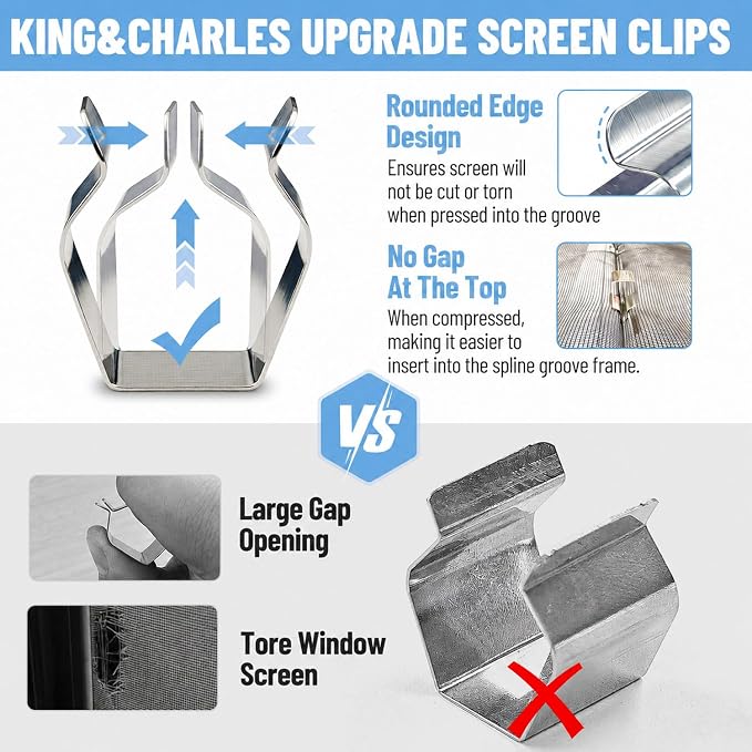 King&Charles Window Screen Replacement, 6in1 Window Screen Door Repair Kit | 48"x118" Black Screen Mesh, Steel&Nylon Bearing Roller, 0.14in x 50ft Spline, 8 Clips & Hook for Windows, Doors, Patio & RV
