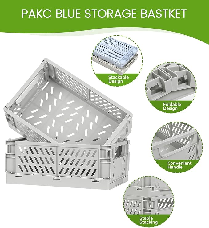 HUUSMOT 4-Pack Collapsible Plastic Storage Baskets, Grey, 9.8"x6.5"x3.8" | Pastel, Space-Saving, Collapsible Plastic Bins, Cute Mini Storage Crates, for Classroom, Kitchen, Office, Bedroom