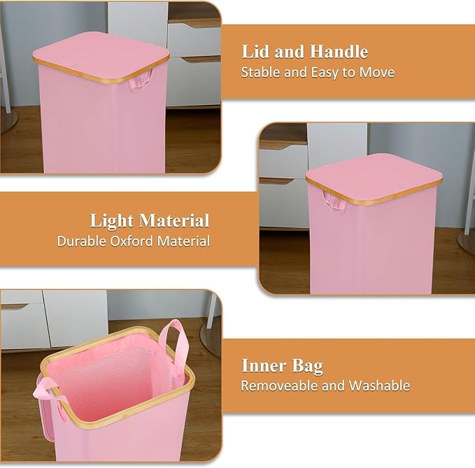 IEGrow Laundry Basket with Wheels 110L Laundry Basket with Mesh Bag,Pink | Laundry Hamper with Lid and Bamboo Frame, for Laundry Room, Bedroom, Dormitory Storage