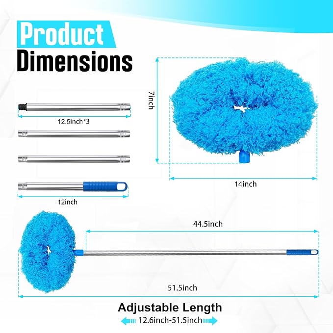 Ceiling Fan Cleaner Duster with Extension Pole, 12 to 51 Inch Duster Length, Reusable Microfiber Dusters for Cleaning Fan Blades, Cobwebs, Walls, Windows & High Ceilings, Removable, Blue