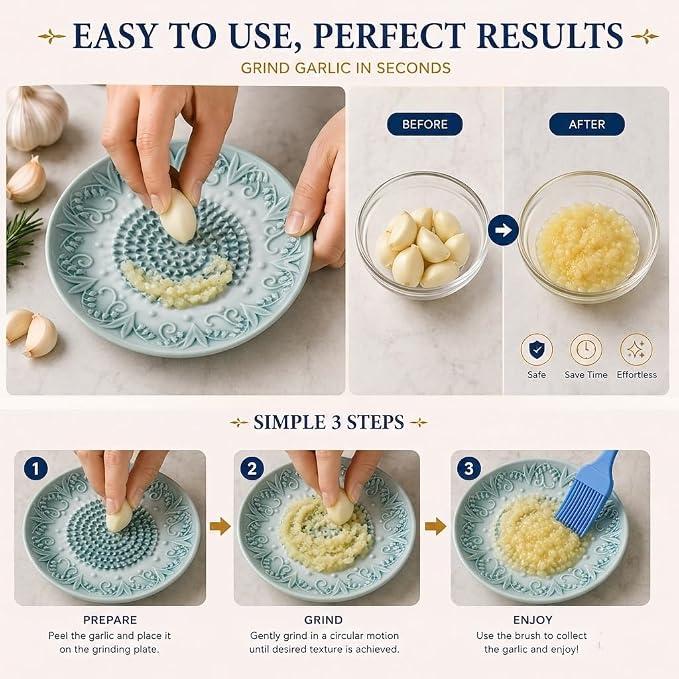 Ceramic Garlic Grater Plate Set with Rack & Cleaning Brush (Grey) | Textured ceramic surface grates garlic, ginger and tomatoes quickly; includes rack, brush and peeler for easy kitchen use