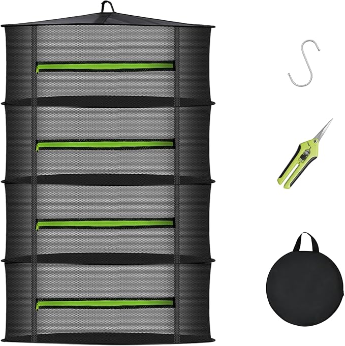 MEKOLIFE 4-Tier Herb Drying Rack Hanging Mesh | 23.62" mesh dryer with zipper, hooks and pruning shears, for indoor and outdoor herbs, seafood, flowers and plants