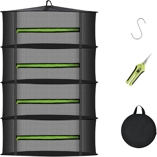 MEKOLIFE 4-Tier Herb Drying Rack Hanging Mesh | 23.62" mesh dryer with zipper, hooks and pruning shears, for indoor and outdoor herbs, seafood, flowers and plants
