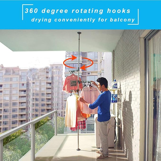 BAOYOUNI 4-Tier Drying Rack Floor to Ceiling Adjustable Metal Grey | Metal Corner Tension Pole，Floor to Ceiling Adjustable ， Space-Saving Laundry Organizer，No Drilling Required