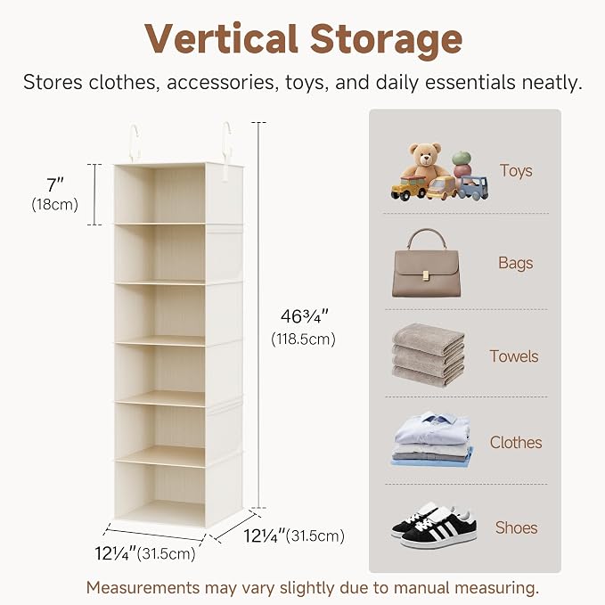 StorageWorks 6-Shelf Hanging Closet Organizer, Hanging Shelves for Closet, Fabric, Mixing of Beige, White & Ivory, 12" D x 12" W x 47 1⁄2" H