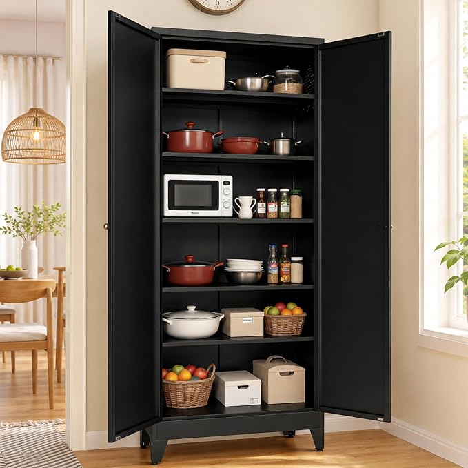 AQY 75" Pantry Cabinet, Black Freestanding Storage Cabinet with 5 Adjustable Shelves, Metal Pantry Cupboard with Ventilation Design & Hanging Hooks, 2-Door Kitchen Organizer for Living Room Kitchen
