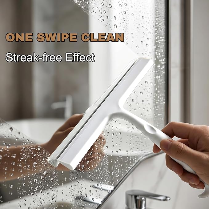 Shower Squeegee for Glass Doors, 10 Inch Silicone Shower Squeegee with Built-in Hook, Squeegee for Shower Glass, Bathroom Shower Door Squeegee for Tile Wall, Mirror, Window, Car Glass (White)