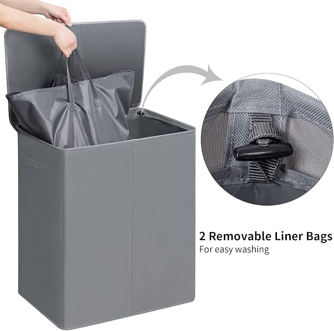 WOWLIVE 154L Double Laundry Hamper 2 Section with Lid and Removable Bags | Divided Laundry Basket, Large Dirty Clothes Hamper with Handle, Collapsible Laundry Storage for Dorm Room, College, Grey
