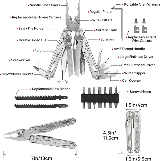 BIBURY 31-in-1 Multitool Pliers Pro,EDC Pocket Knife & Scissors-BI2045 | Stainless Steel Multi Tool with Screwdriver, Replaceable Wire Cutters, Saw, Ideal for Survival,Camping,Repair, Gifts for Men