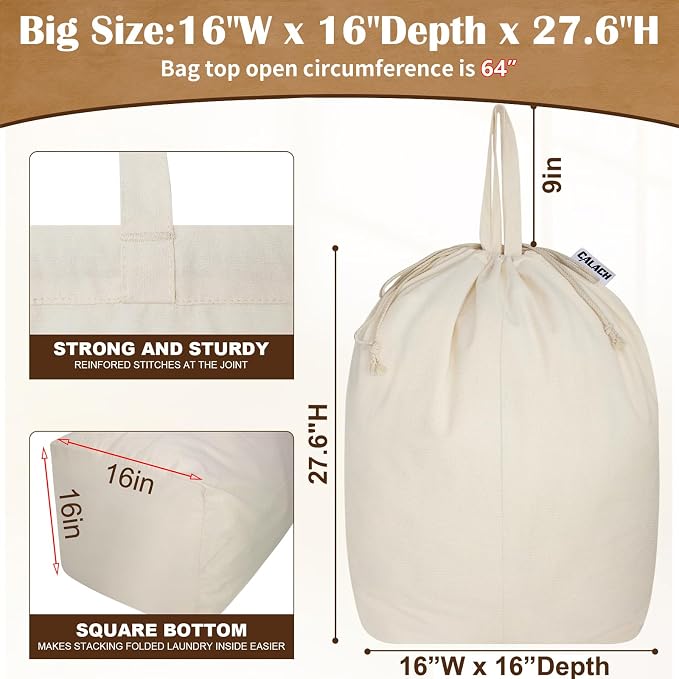 Canvas Laundry Bags with Handles & Square Base 16"Wx16"Depth x27.6"H,Beige | Extra Large Heavy Duty Laundry Basket Hamper Liner Replacement, Washable Drawstring Dirty Clothes Bag Canvas Storage Sack