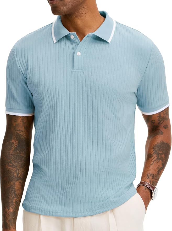 Comdecevis Men's Regular Fit Short Sleeve Knit Polo Shirts | Business casual, lightweight, breathable, stretch textured fabric, moisture wicking, easy care