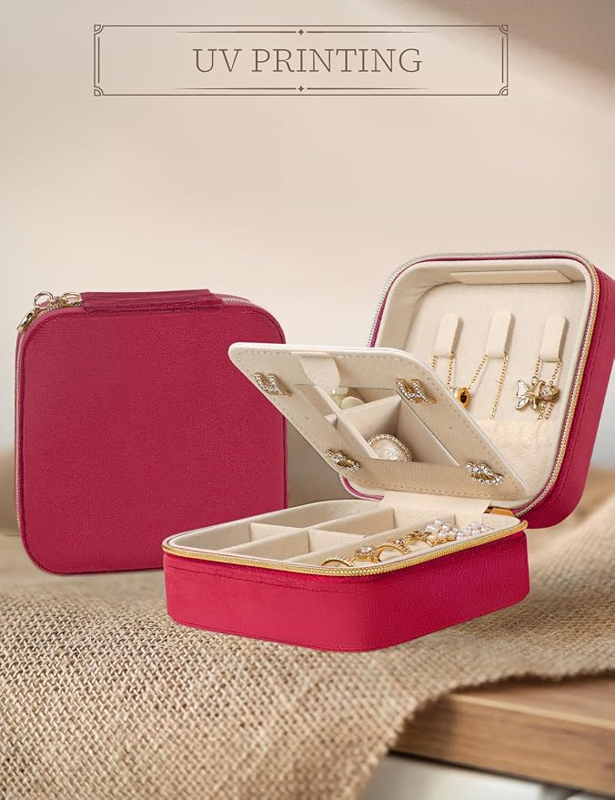 MFXIP Plush Velvet Travel Jewelry Case Small Jewelry Box Jewelry Organizer Storage Case Portable Jewelry Travel Case for Girls Womens Earring, Necklace, Rings,Bracelets with Mirror