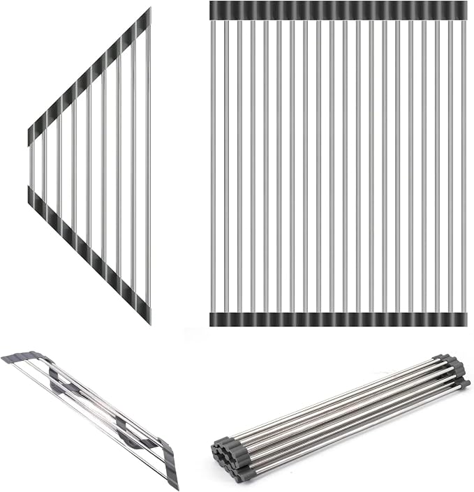 Dowell Over The Sink Roll-Up Dish Drying Rack, Foldable Tube Design, Space Saving Sink Organizer, Sturdy, Easy to Clean, Stylish Look - Triangle+Rectangular - Stainless Steel
