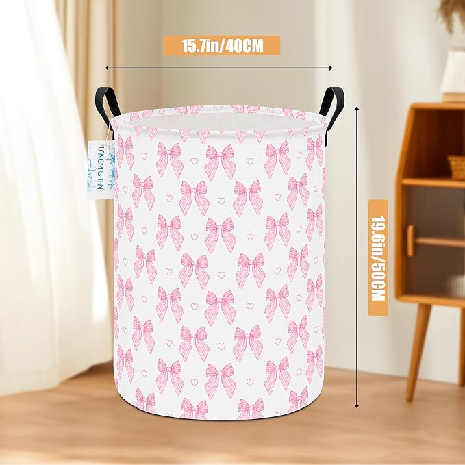 Round Laundry Basket Collapsible Storage Hamper Pink Bowknot | Waterproof Canvas Foldable Baskets with sturdy Handles Multi-scene Organizer for Home Play Bedroom Gift Bin