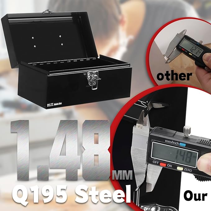 P.I.T. 12 Inch Tool Box,Portable Small Steel ToolBox with Metal Latch Closure for Household, Warehouse,Tools Storage,Black