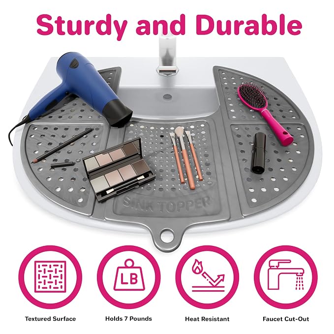 Sink Topper Bathroom Sink Cover for Counter Space, Standard Silver | Holds up to 7 lb on a steel frame; fits over basins to 19 in; 480°F silicone, hot tools; foldable makeup mat; RV, camper