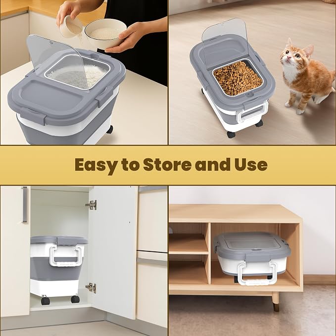 HOYTAMDA 20-30Lbs Rice Container,Collapsible Food Storage Container Wheels | Rice Storage Container with Airtight Locking Lid,Handle,Small Bin &Scoop,Rice Dispenser for Flour Sugar Cereal Grain Dog Cat