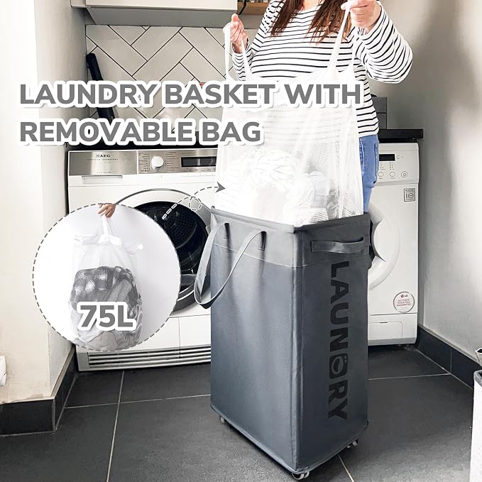 CHICVITA 75L Rolling Laundry Basket with Wheels 2-Pack, Wash Bags, Grey | Foldable slim-design laundry baskets for corner dorms. Large capacity with removable wash bags