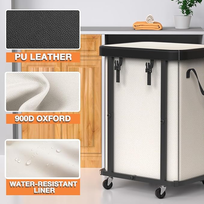 Laundry Basket with Wheels,150L Leather Patchwork Rolling Hamper Carts | Sturdy Metal Frame, Removable Washable Bag, Tall Clothes Sorter for Bedroom, Laundry Room - Beige
