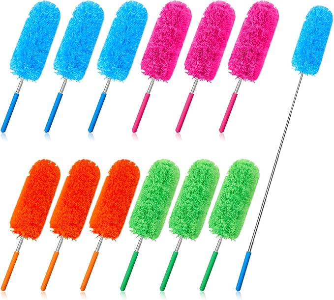 Tanlade 12 Pcs Microfiber Feather Duster for Cleaning, Extendable 13-31 Inch Ceiling Fan Duster with Bendable Head, Washable Tools for Ceiling Fans, Furniture, Car, Cobwebs (Stylish Color)
