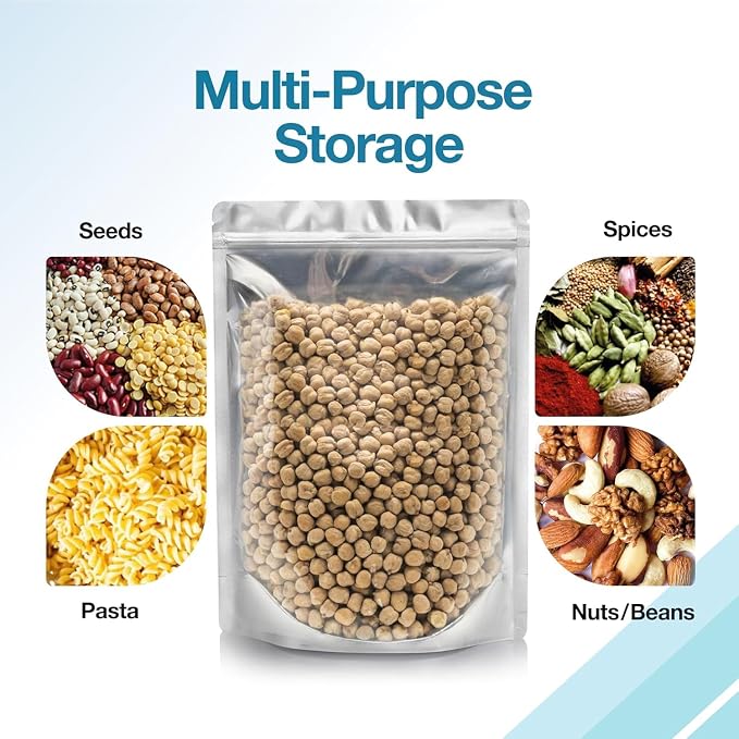 BELLE KR® 7x10 Quart Mylar Bags for Food Storage - Pack Of 300-7.5mil Thick - Gusseted Bottom - Clear Mylar Bags with See Through Window for Freeze Drying food - Labels Included