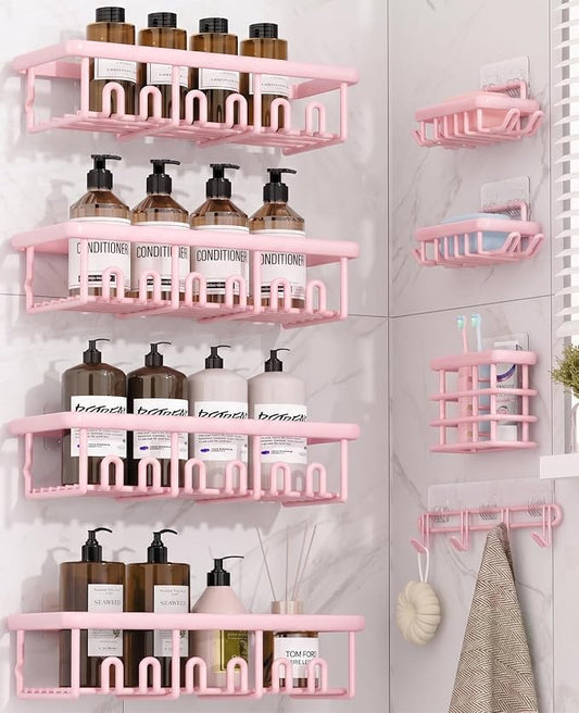 8 Pack Adhesive Rustproof Shower Caddy with Soap Dishes, Toothbrush Holder & Hooks, Large Capacity No-Drilling Shower Shelves Rack for Bathroom Organizers and Storage Accessories, Pink