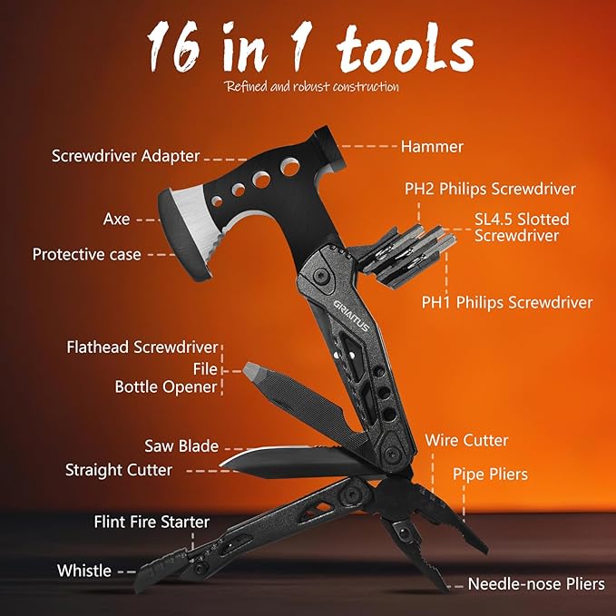 16 in 1 Multitool Camping Survival Gear with Axe Saw Pliers Whistle Hammer | Camping Accessories with Screwdrivers Bottle Opener Multitool-Knife and Gifts for Men Dad Husband Birthday Gifts