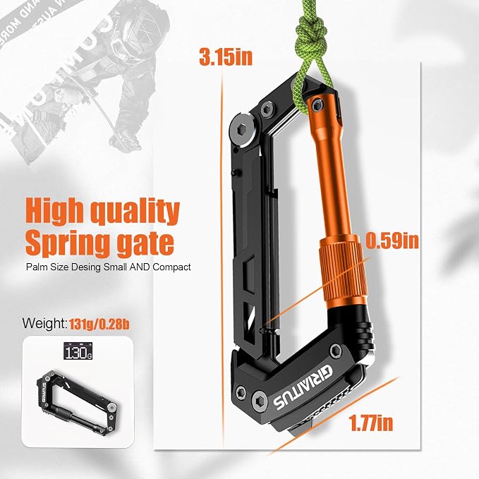 Carabiner Multitool with Pocket Knives, EDC Carabiners, Survival Gear | Serrated Knife, Rope Cutter, Screwdriver, Can Bottle Opener, Ruler, Folding Knife for Camping Hiking, Multitool (Orange)