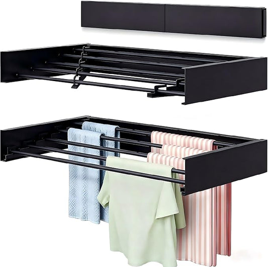 Wall Mounted Laundry Drying Rack, Carbon Steel Foldable & Retractable Clothes Drying Rack, Space Saving Adjustable Towel Holder for Bathroom, Laundry, Small Spaces (1, Black, 80cm)