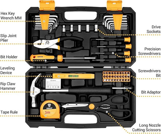 62-Piece Household Tool Set：Small Basic Home Tool Kit with Plastic Toolbox, Hand Tools with Storage Case DEKOPRO