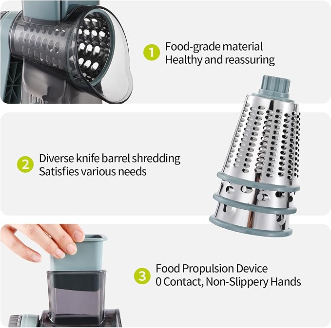 Rotary Cheese Grater Shredder 3-in-1 Hand Crank Suction Base | Stainless steel blades for fine, medium & coarse grating | Perfect for cheese, vegetables & nuts | Finger-safe design
