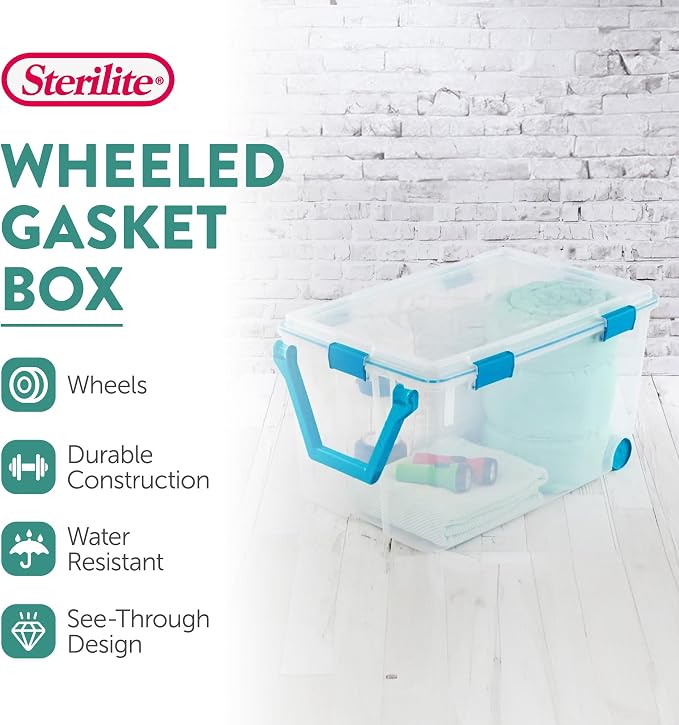 Sterilite Gasket Storage Box with Lids for Home & Office, 120 Quart, 9-Pack | Heavy-Duty, Stackable, and Organizing Containers for Bathroom, Cabinet, Closet, and Garage, Clear and Blue Aquarium Latches