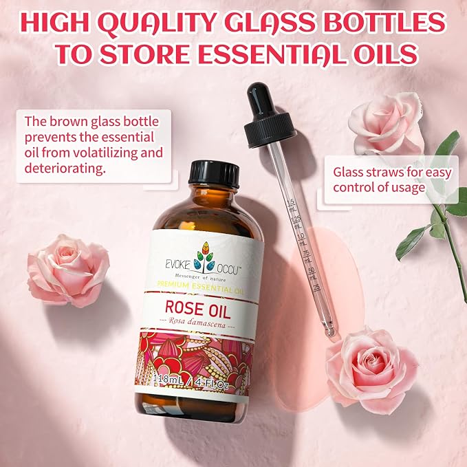 EVOKE OCCU Rose Essential Oil for Skin, Body Care & Perfume for Women | Enhances Relaxation in Bedroom, Spa, Yoga Studio, Suitable for All Seasons and Daily Applications - 118ml / 4 fl oz