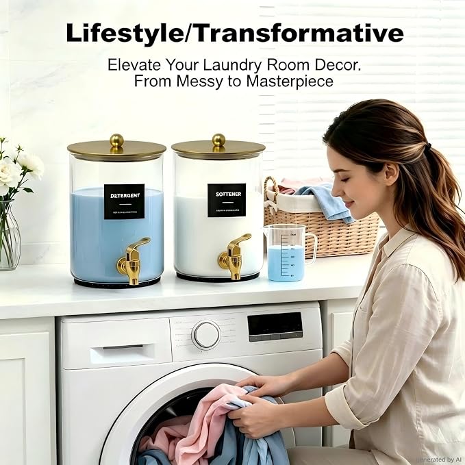 Glass Laundry Detergent Dispenser,1 Gallon Large Liquid Soap 2 Pack(Gold) | Complete borosilicate jars set with leakproof spigots, protective silicone mats, minimalist labels, and dosing cups