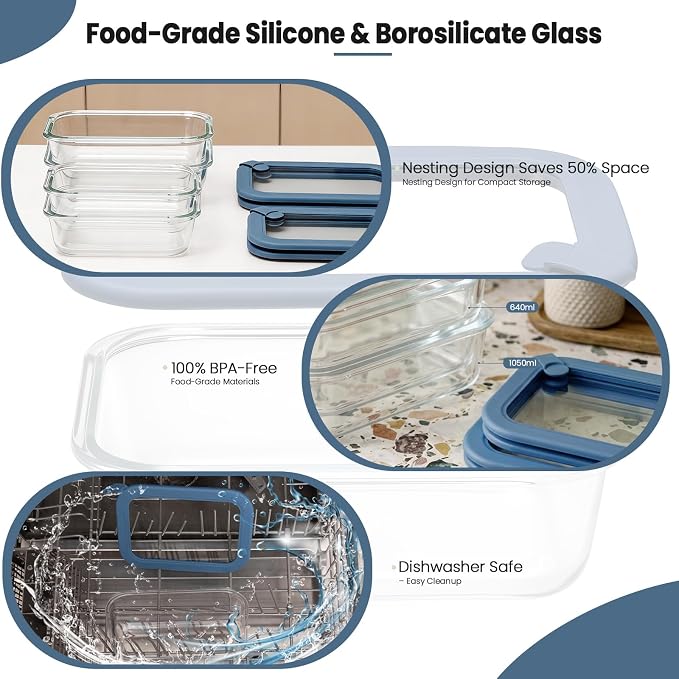 Taree Glass Food Storage Containers, 8 Pack, 21.6oz & 35.5oz, Blue Lids | Ocean Blue Lid Design • Glass & Silicone Lids • Airtight Leakproof Seal • Built-In Steam Vent • Microwave-Safe Lid