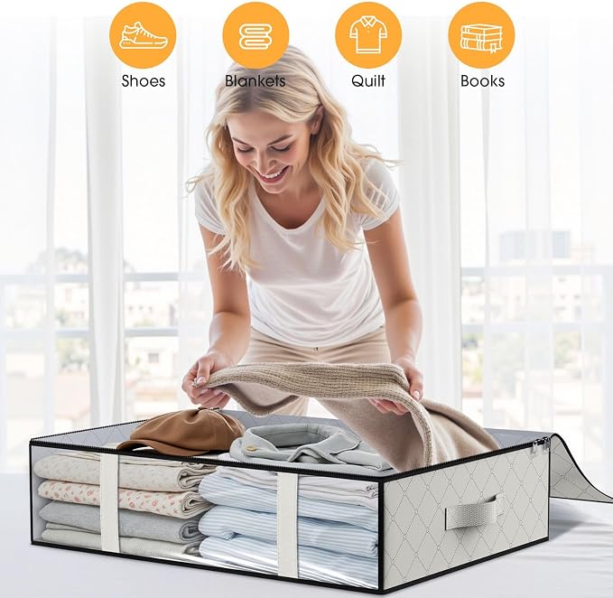 StorageRight Under Bed Storage Bags, 3 Pack, 40L, White | Breathable Non-Woven Fabric with a Clear Window and Zippered Top for Clothes, Comforters, Blankets and Seasonal Storage