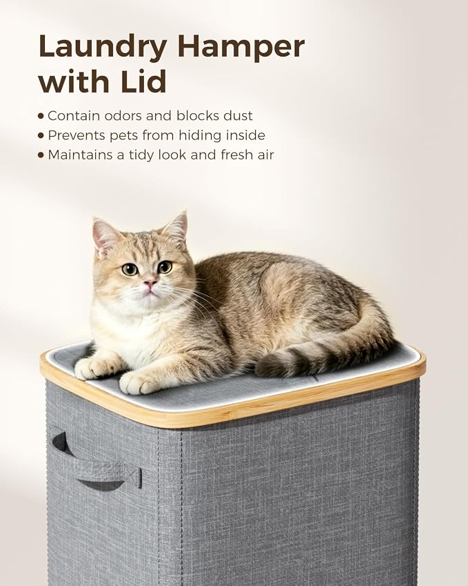 100L Laundry Hamper with Lid, Tall Dirty Clothes Hamper, Grey | Elegant bamboo appearance, Foot Loop, Removable Bag Easy to Lift and Carry, Bathroom, Bedroom, Laundry Room, Dorm