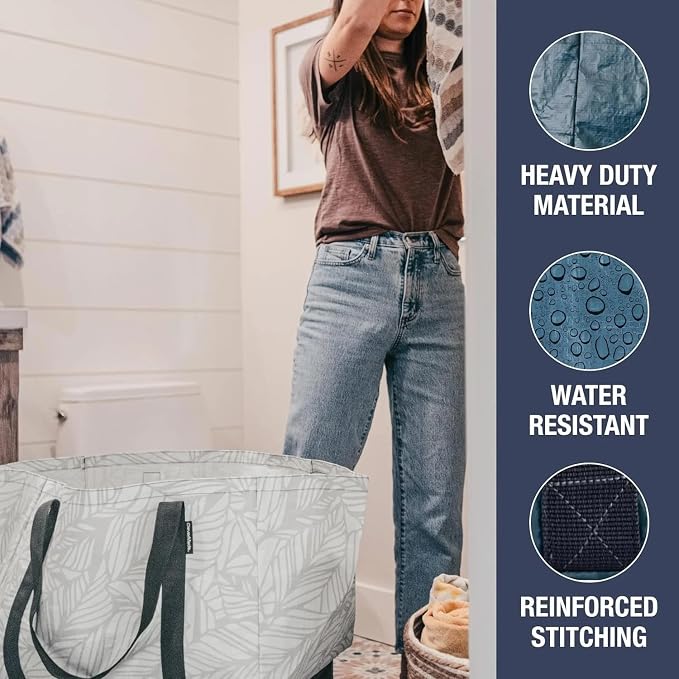 CleverMade XXL Storage Basket Tote, 76L, 2 Pack, Ocean | Open tops speed loading for groceries, laundry, or beach gear. Reinforced handles manage big loads, then bags fold flat.