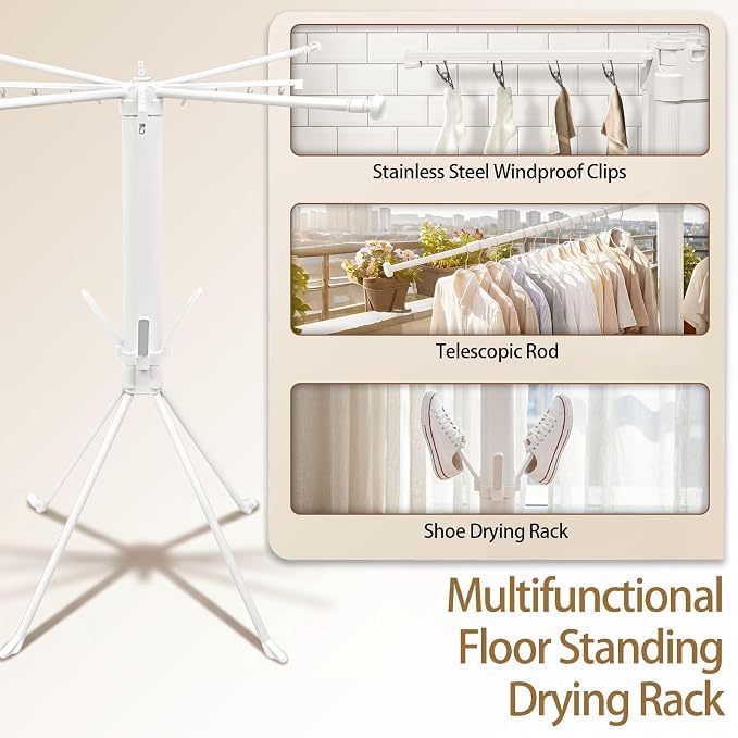 4 Leg Foldable Clothes Drying Rack Sock Clips Shoe Holders | Laundry Drying Rack,Portable Collapsible Clothing Rack,Indoor Outdoor Balcony Bedroom,Apartment Space Saving